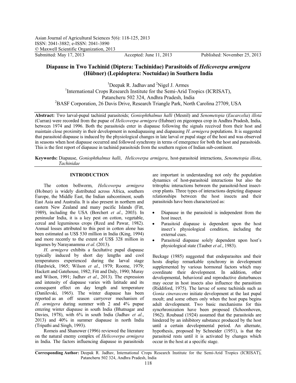 Diapause in Two Tachinid (Diptera: Tachinidae) Parasitoids of Helicoverpa Armigera (Hübner) (Lepidoptera: Noctuidae) in Southern India