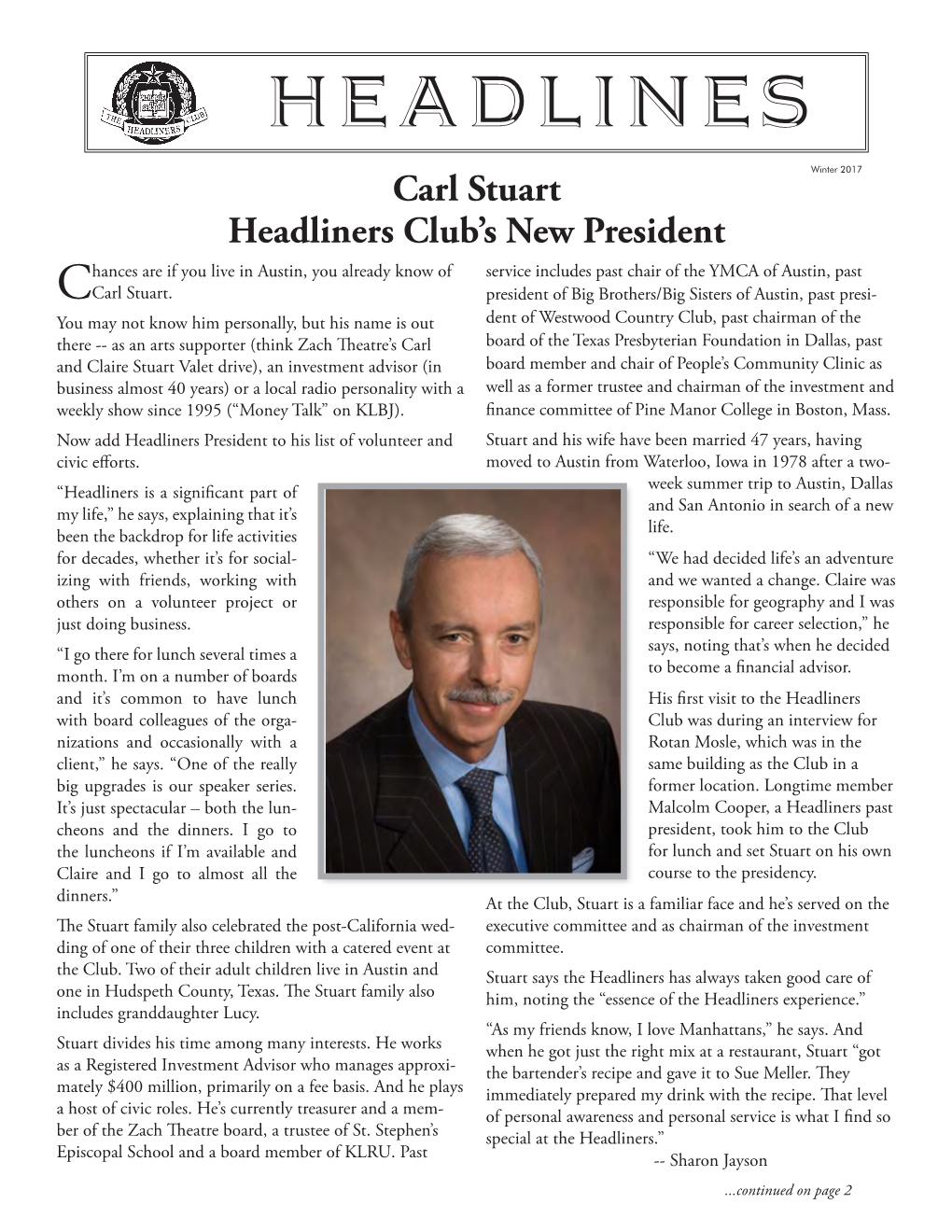 Carl Stuart Headliners Club's New President