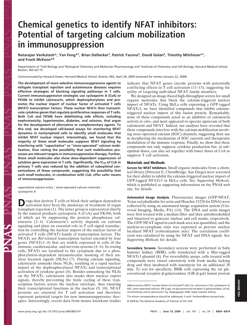 Chemical Genetics to Identify NFAT Inhibitors: Potential of Targeting Calcium Mobilization in Immunosuppression