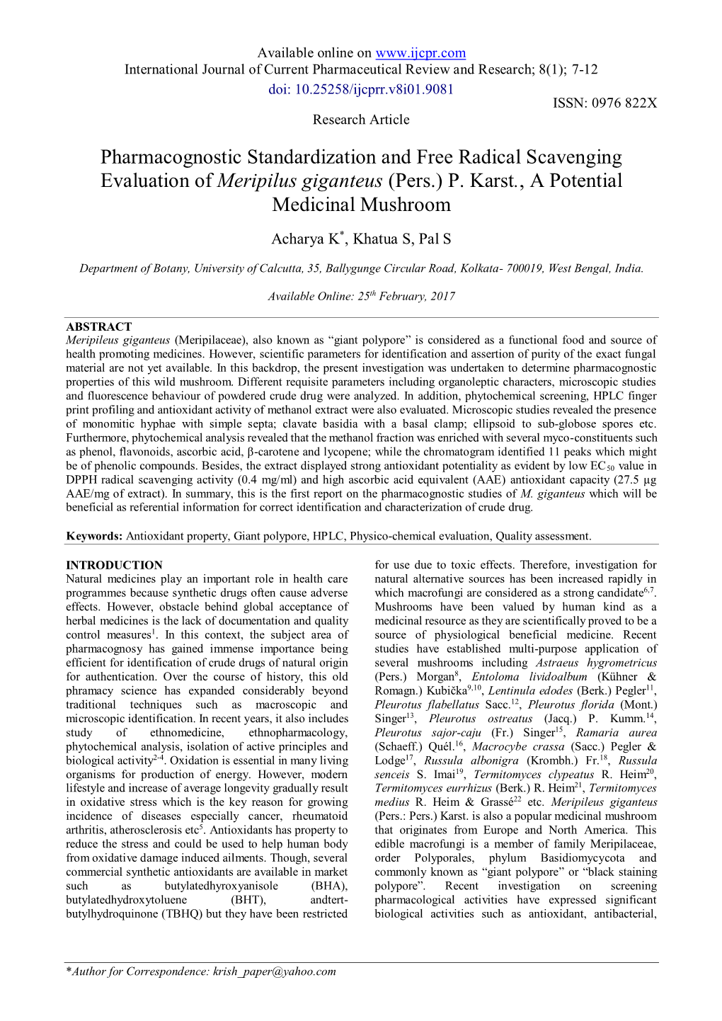 Pharmacognostic Standardization and Free Radical Scavenging Evaluation of Meripilus Giganteus (Pers.) P