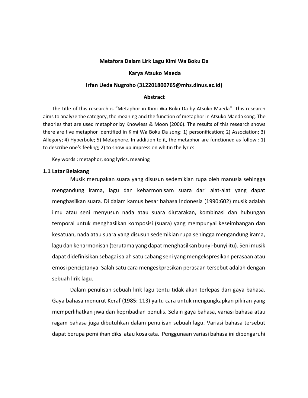 Metafora Dalam Lirk Lagu Kimi Wa Boku Da Karya Atsuko Maeda Irfan Ueda Nugroho (312201800765@Mhs.Dinus.Ac.Id) Abstract