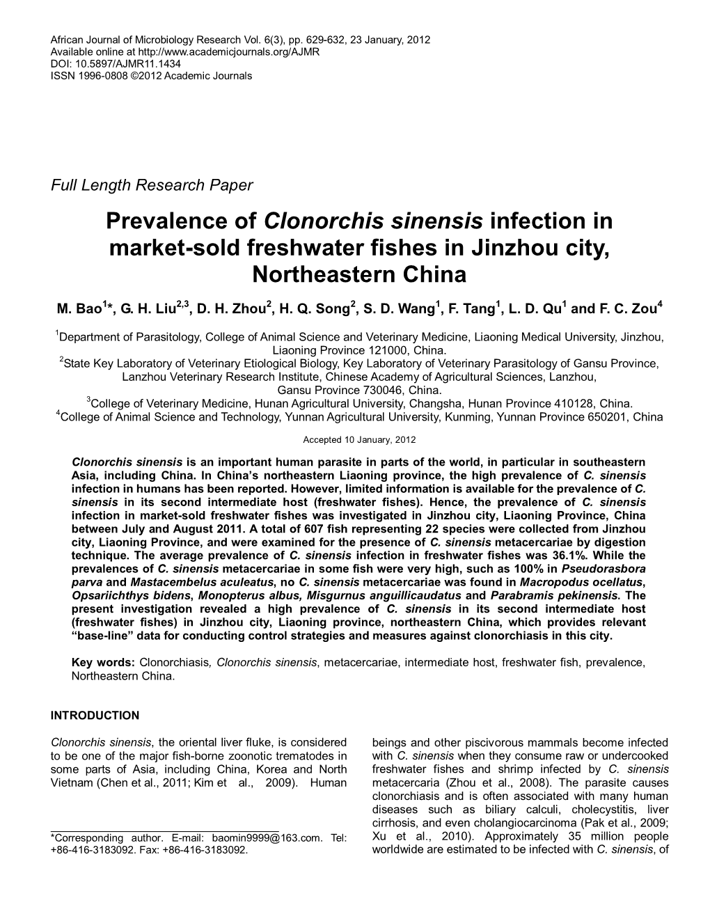 Prevalence of Clonorchis Sinensis Infection in Dogs and Cats In