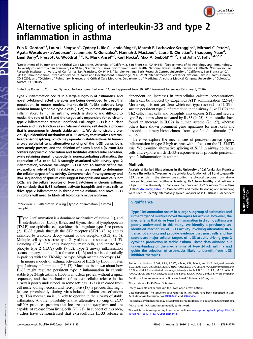 Alternative Splicing of Interleukin-33 and Type 2 Inflammation in Asthma