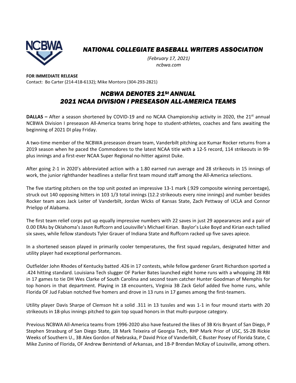 2021 NCBWA Division I Preseason All-America Team