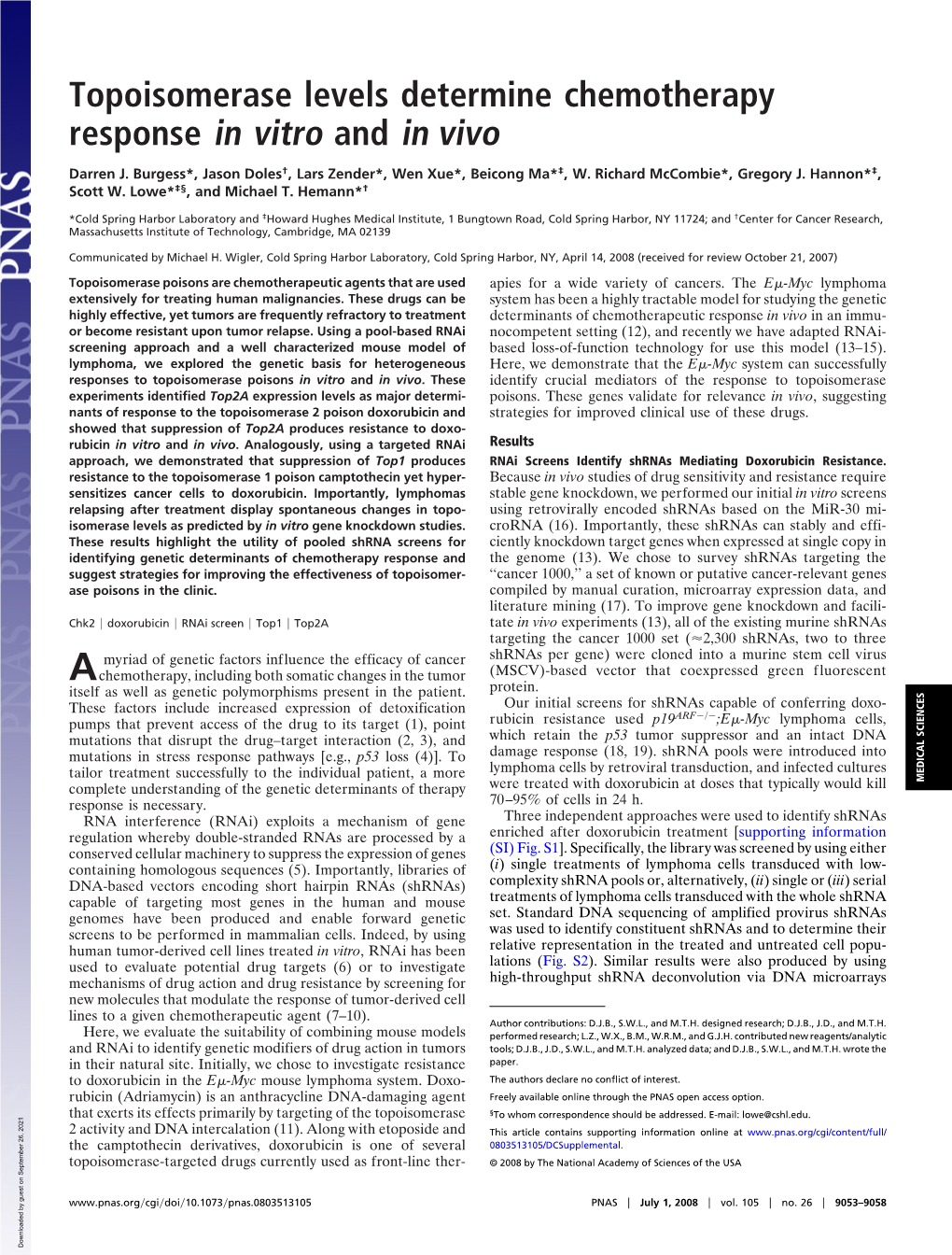 Topoisomerase Levels Determine Chemotherapy Response in Vitro and in Vivo