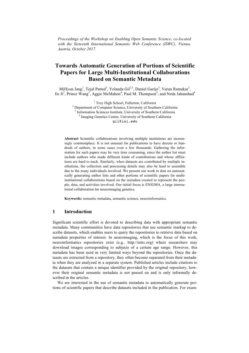 Towards Automatic Generation of Portions of Scientific Papers for Large Multi-Institutional Collaborations Based on Semantic Metadata