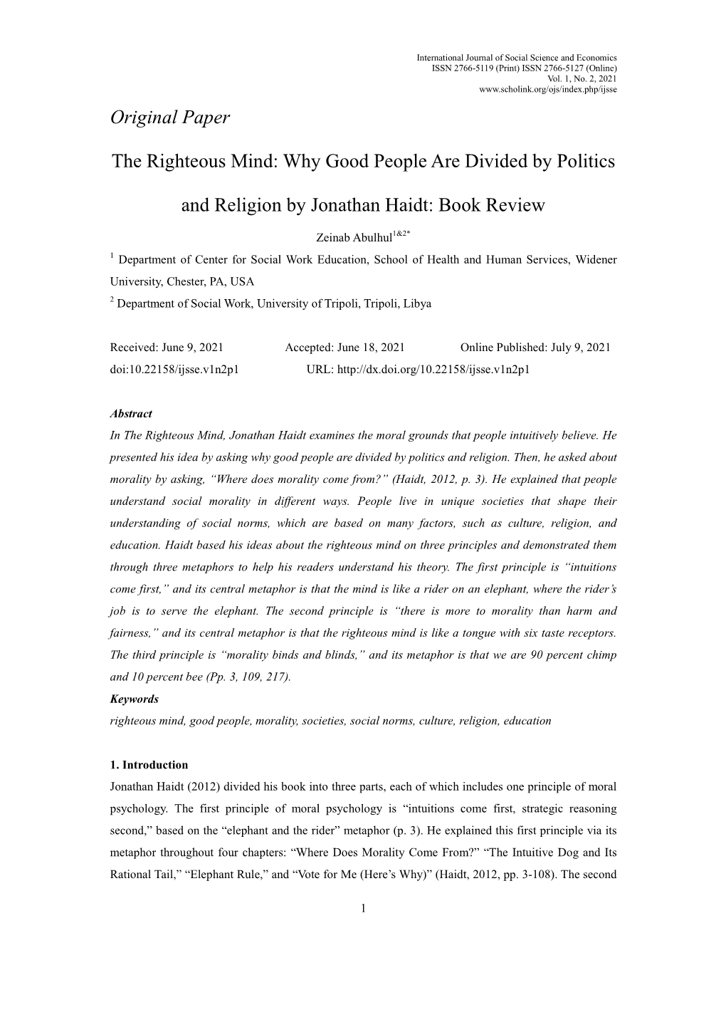 Original Paper the Righteous Mind: Why Good People Are Divided By