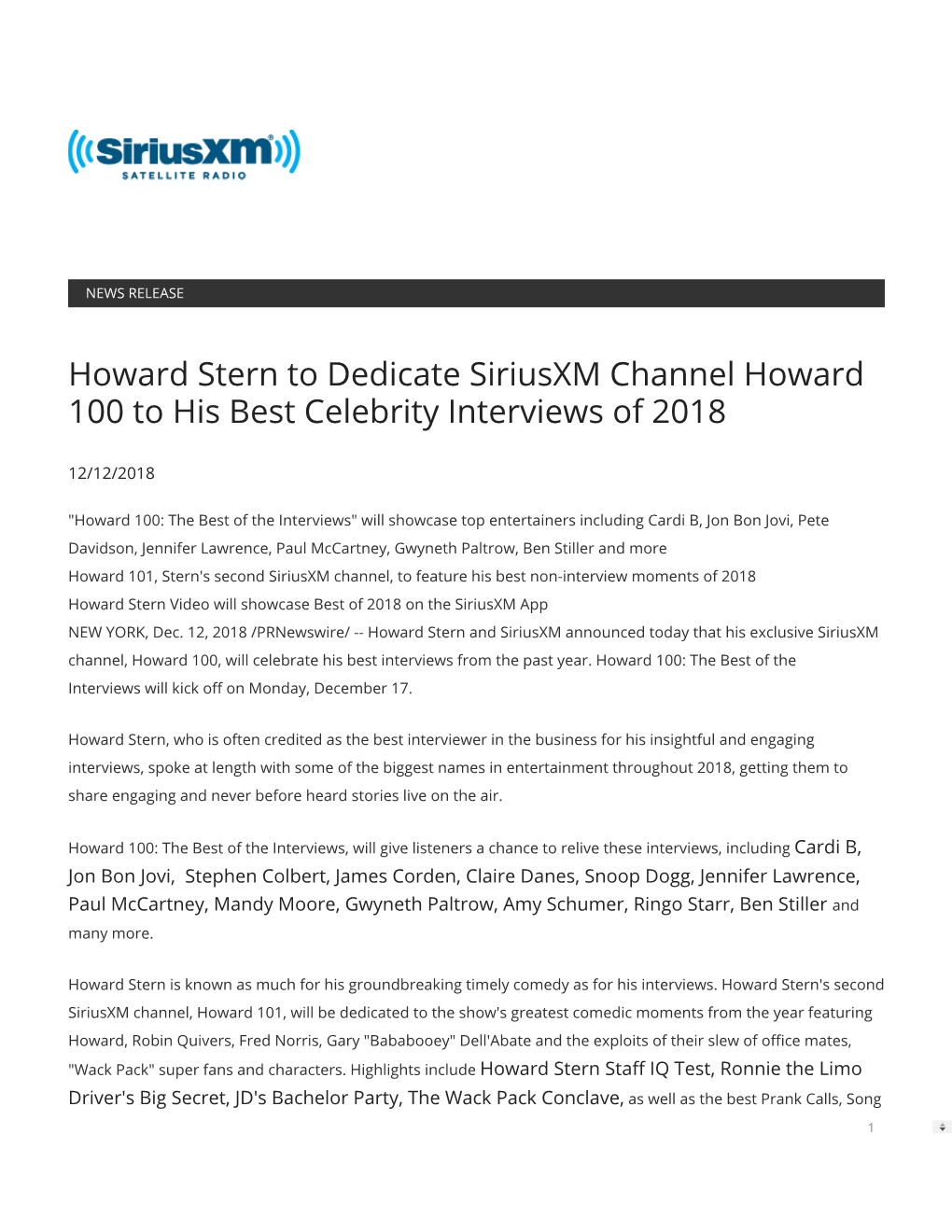 Howard Stern to Dedicate Siriusxm Channel Howard 100 to His Best Celebrity Interviews of 2018