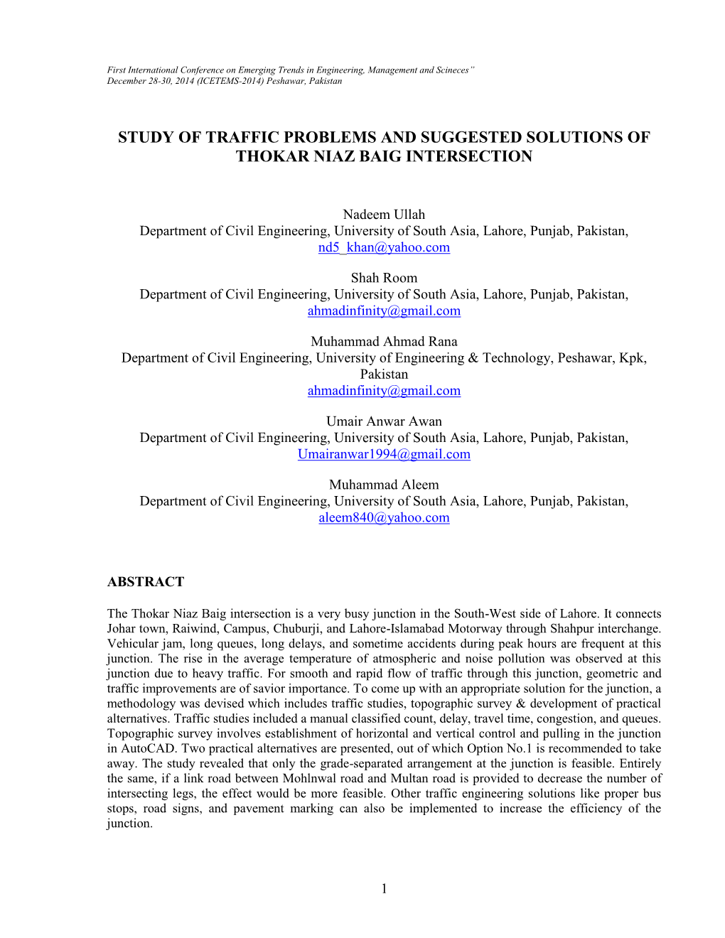 Study of Traffic Problems and Suggested Solutions of Thokar Niaz Baig Intersection