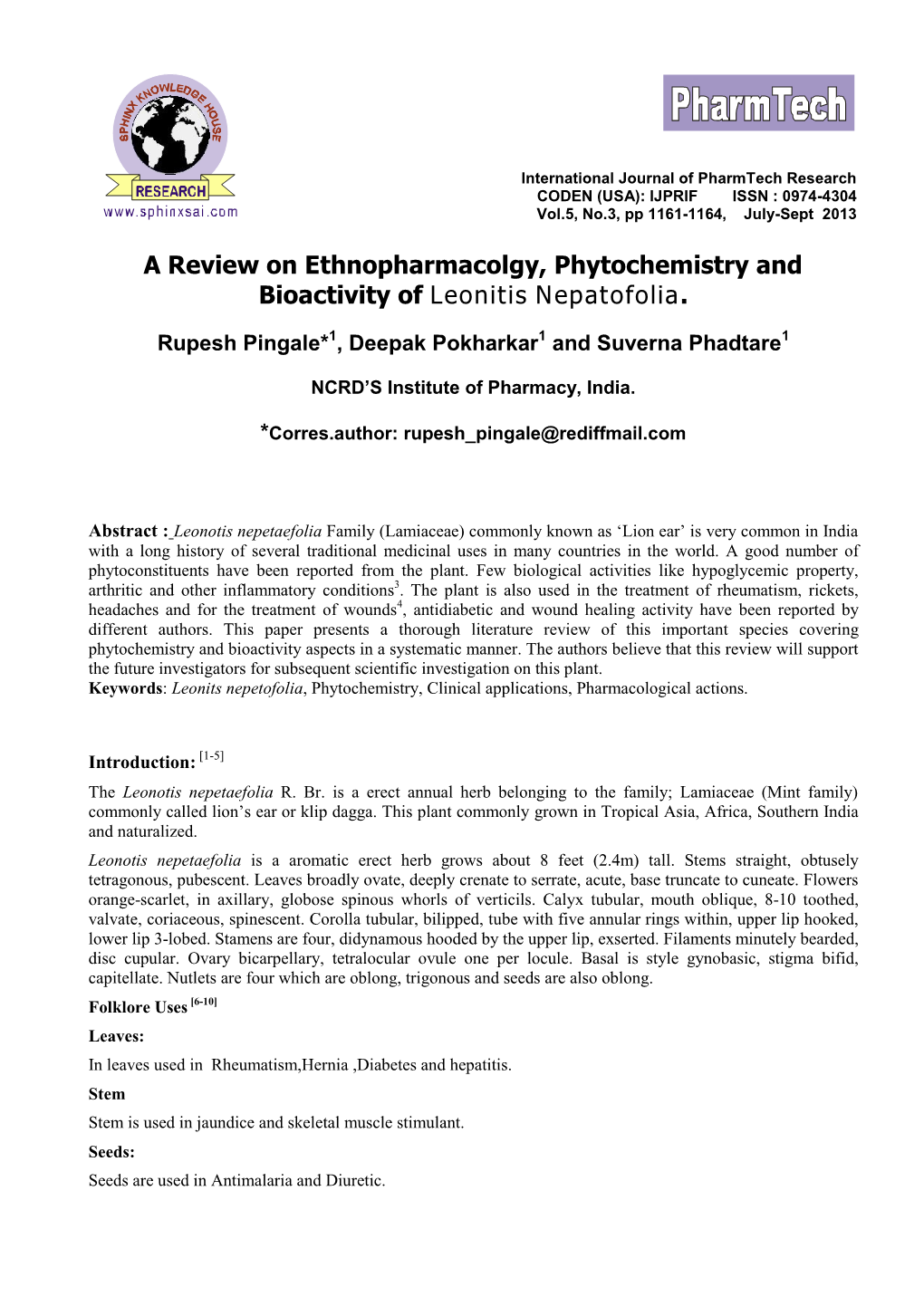 A Review on Ethnopharmacolgy, Phytochemistry and Bioactivity of Leonitis Nepatofolia