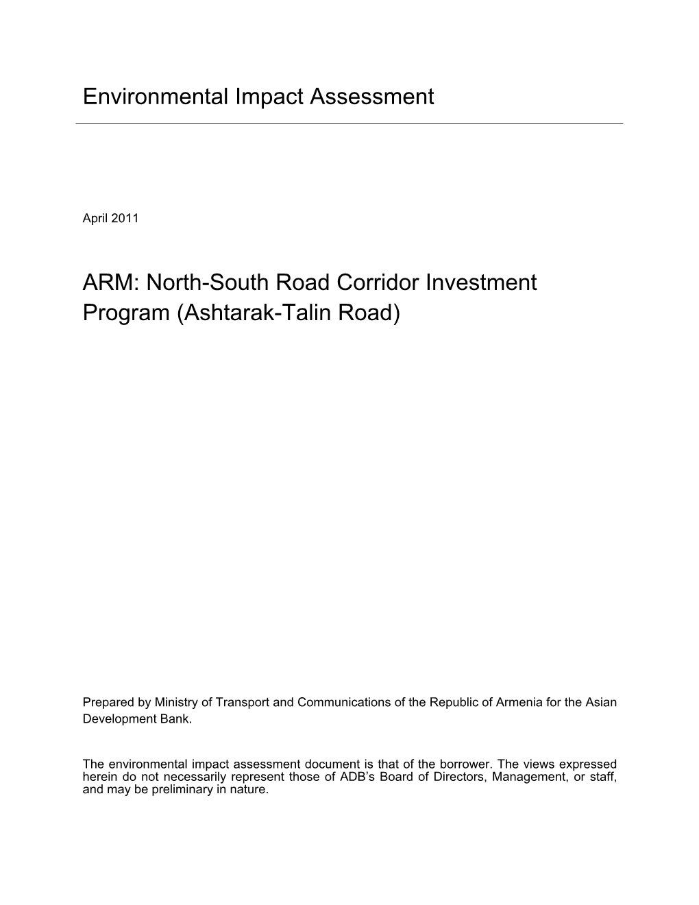 EIA: Armenia: North-South Road Corridor Investment Program
