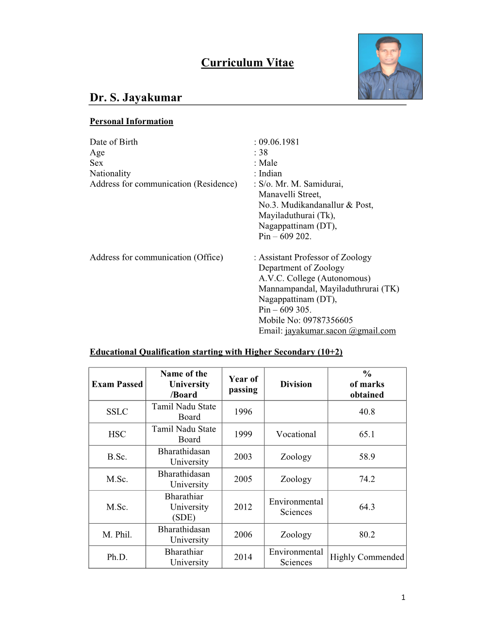 Curriculum Vitae Dr. S. Jayakumar