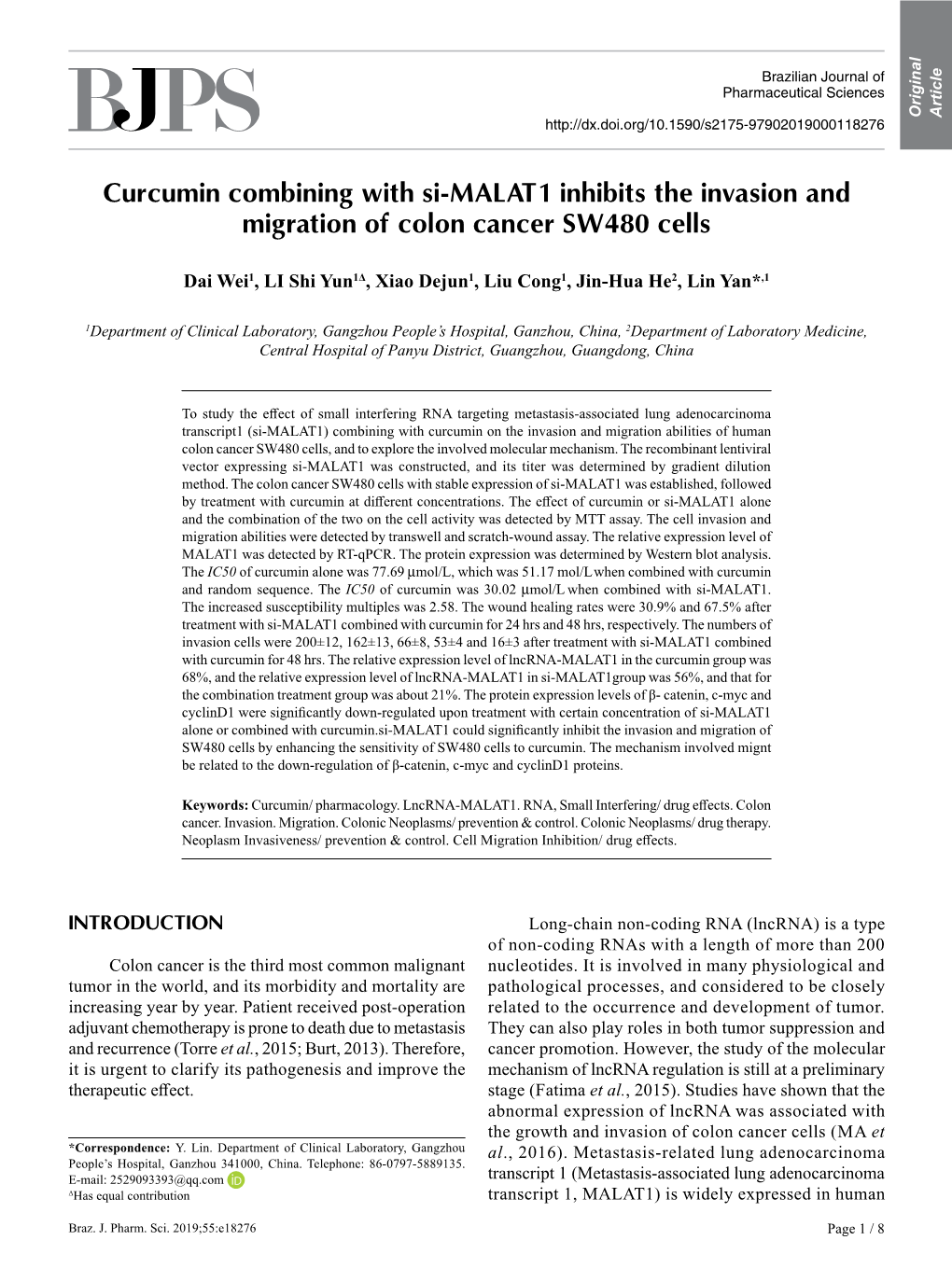 Curcumin Combining with Si-MALAT1 Inhibits the Invasion and Migration of Colon Cancer SW480 Cells