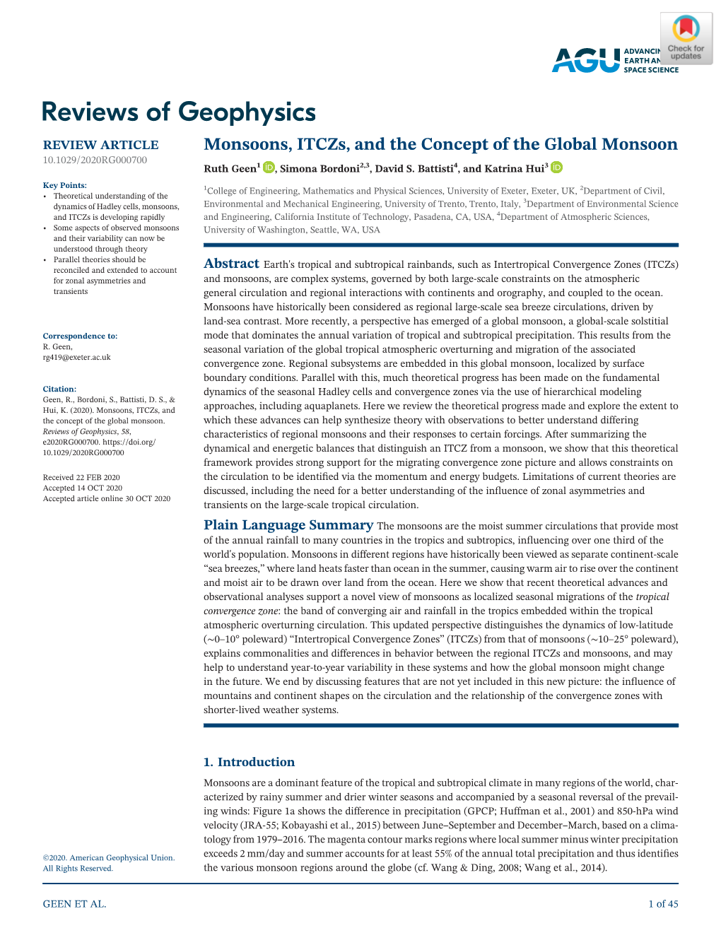 Monsoons, Itczs, and the Concept of the Global Monsoon 10.1029/2020RG000700 Ruth Geen1 , Simona Bordoni2,3, David S