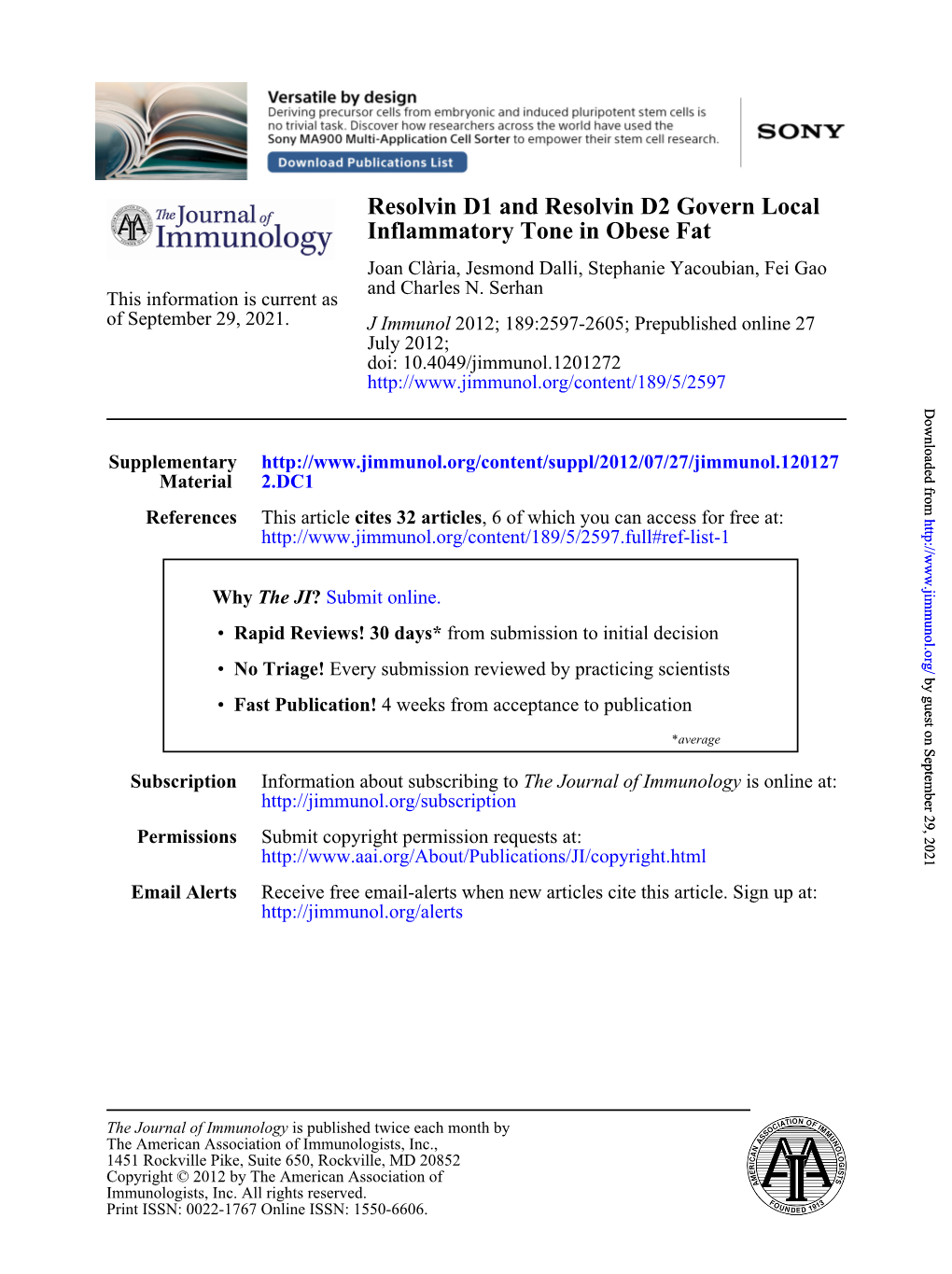 Inflammatory Tone in Obese Fat Resolvin D1 and Resolvin D2