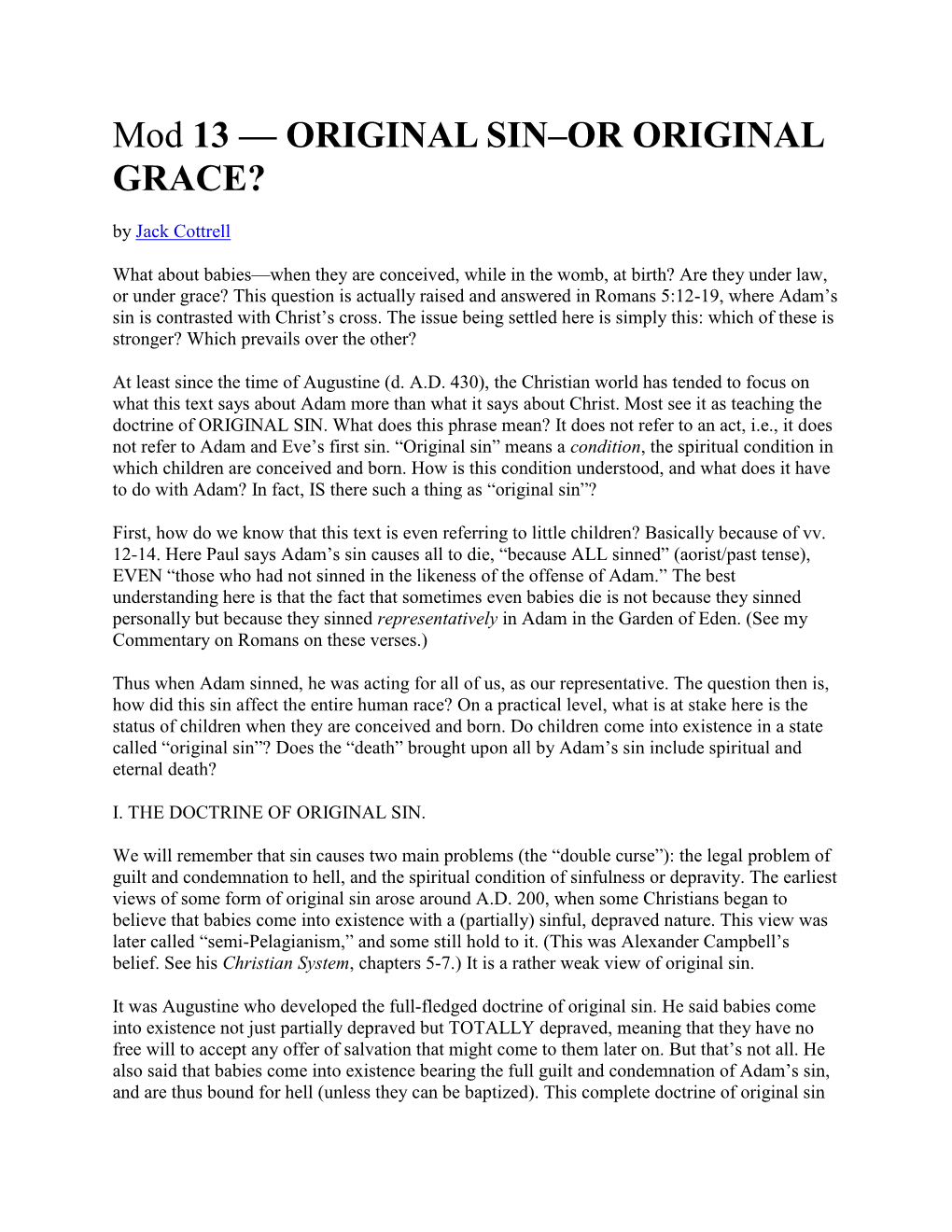 Mod 13 — ORIGINAL SIN–OR ORIGINAL GRACE? by Jack Cottrell