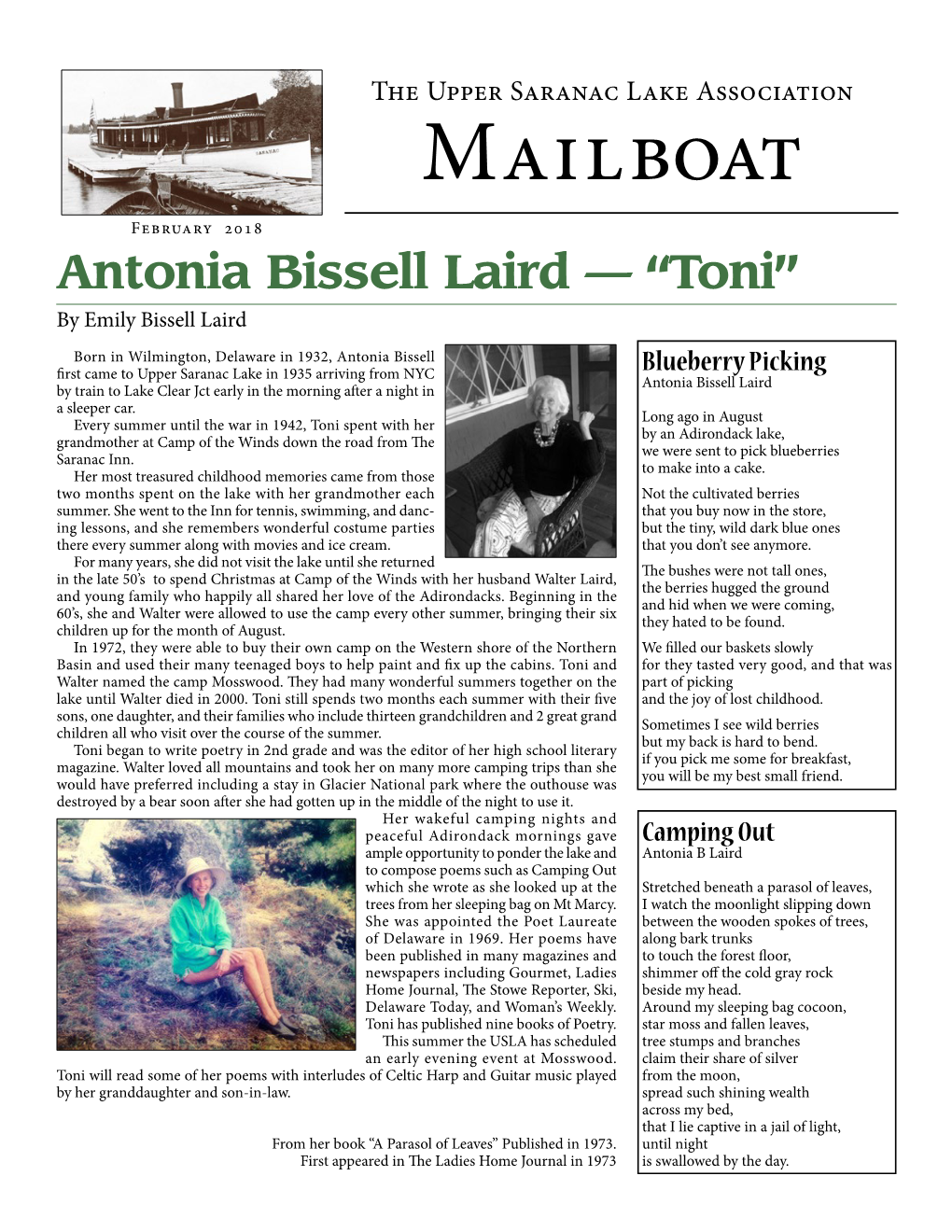 The Upper Saranac Lake Association Mailboat February 2018 Antonia Bissell Laird — “Toni” by Emily Bissell Laird