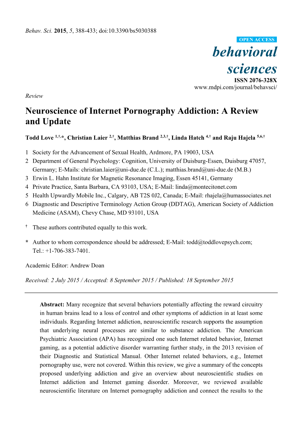 Neuroscience of Internet Pornography Addiction: a Review and Update