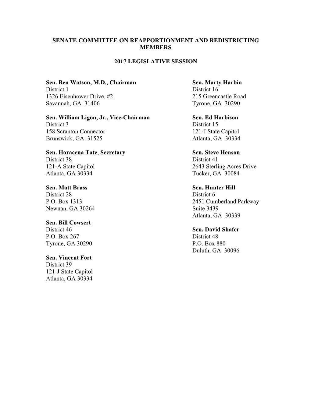 Senate Committee on Reapportionment and Redistricting Members