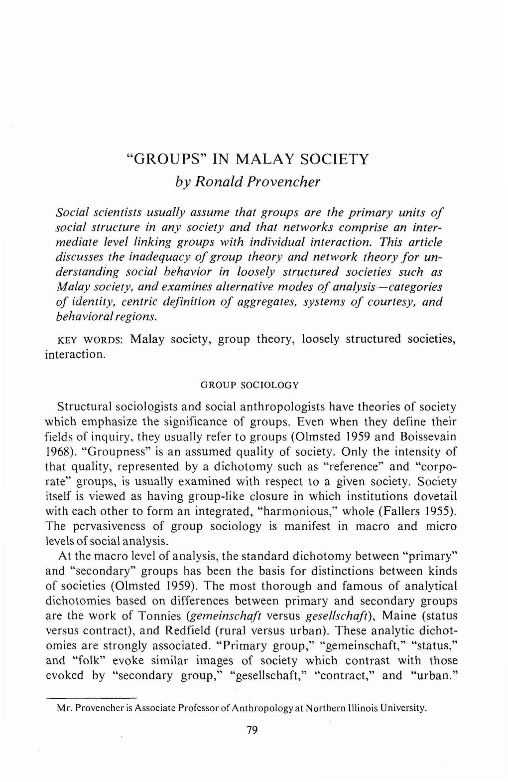 "GROUPS" in MALAY SOCIETY by Ronald Provencher