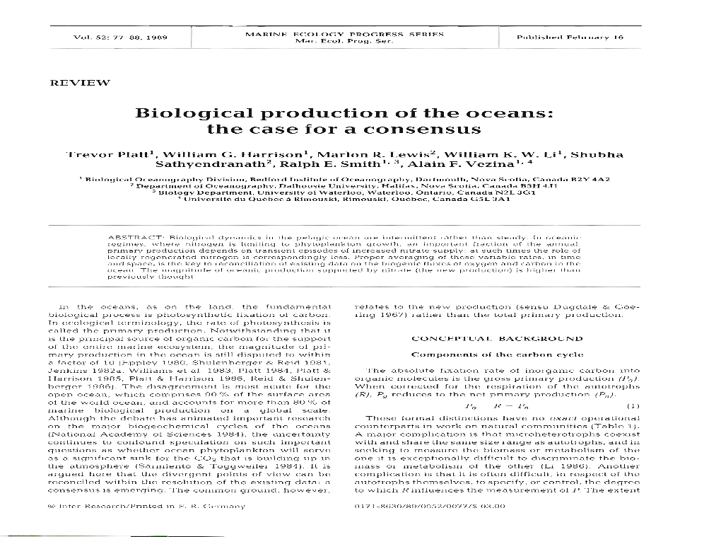 Biological Production of the Oceans: the Case for a Consensus