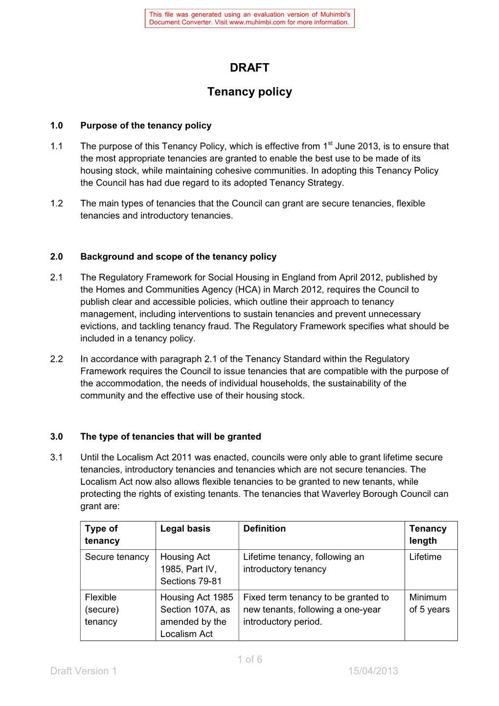 DRAFT Tenancy Policy