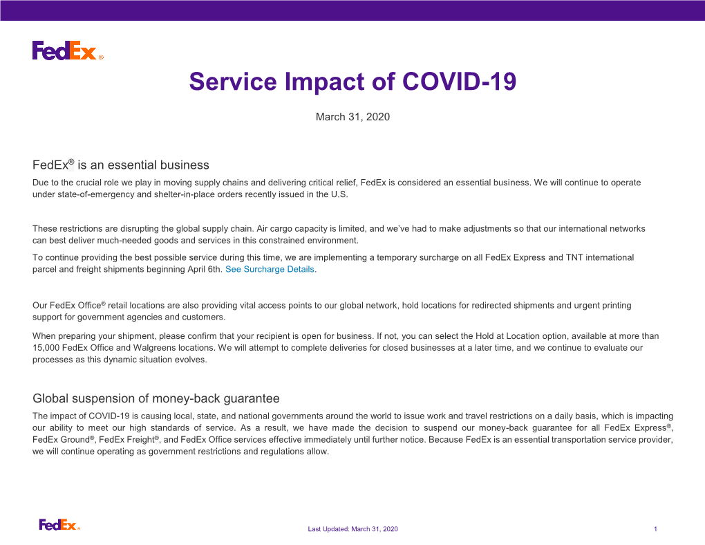 Service Impact of COVID-19