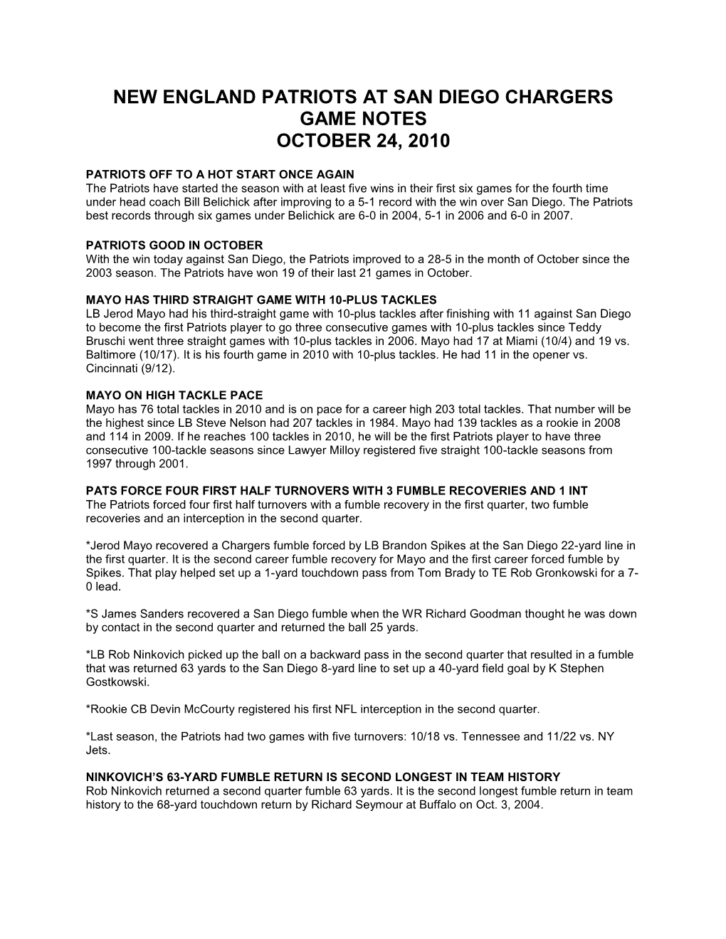 New England Patriots at San Diego Chargers Game Notes October 24, 2010