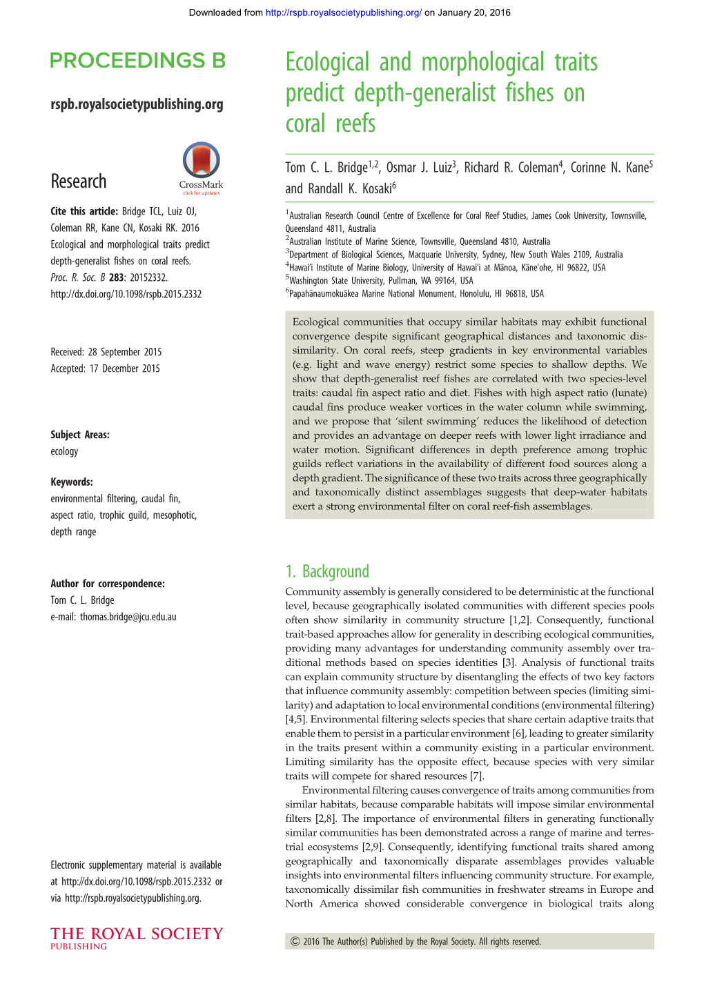 Ecological and Morphological Traits Predict Depth-Generalist Fishes On