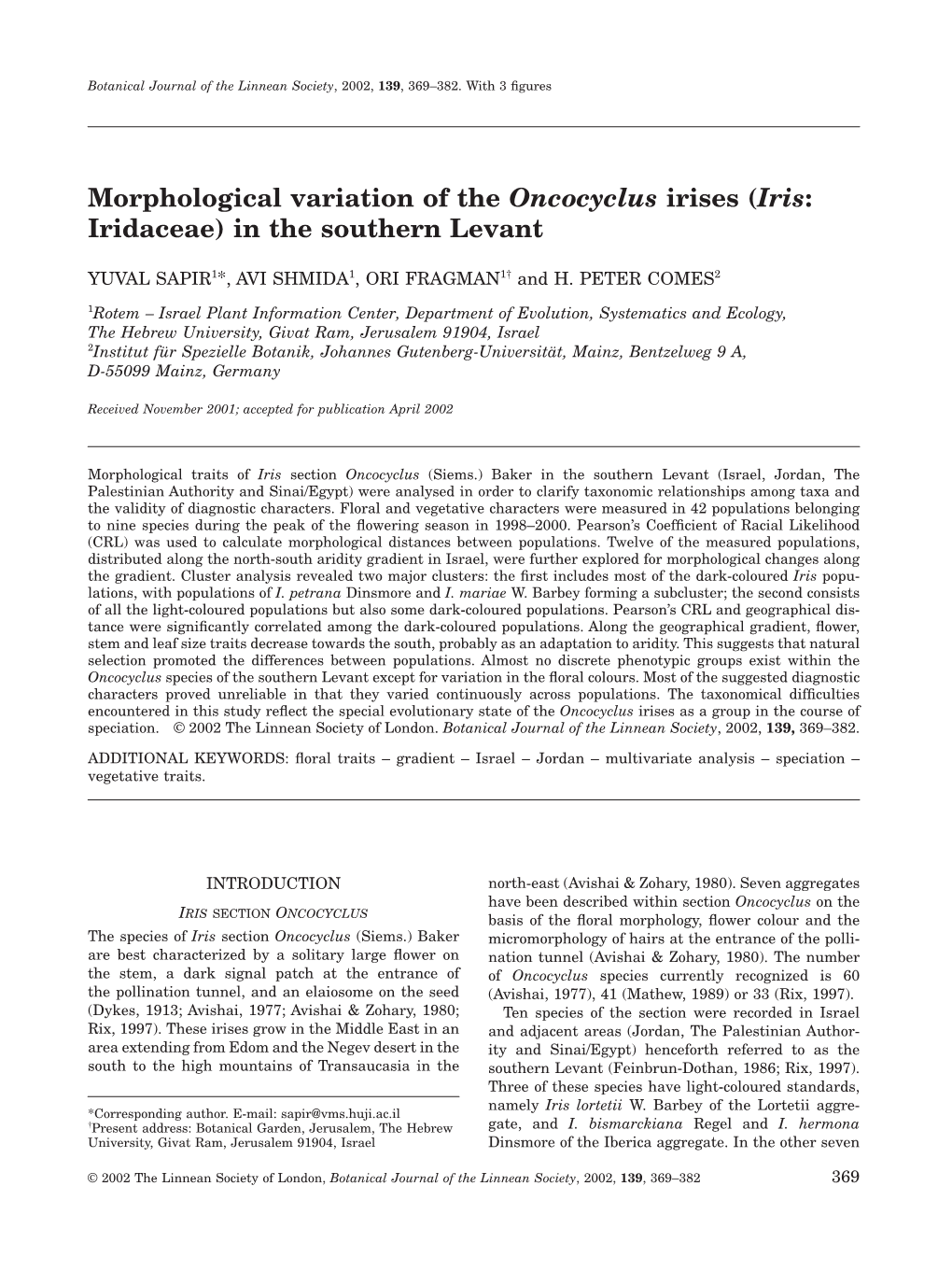 Morphological Variation of the Oncocyclus Irises (Iris: Iridaceae) in the Southern Levant