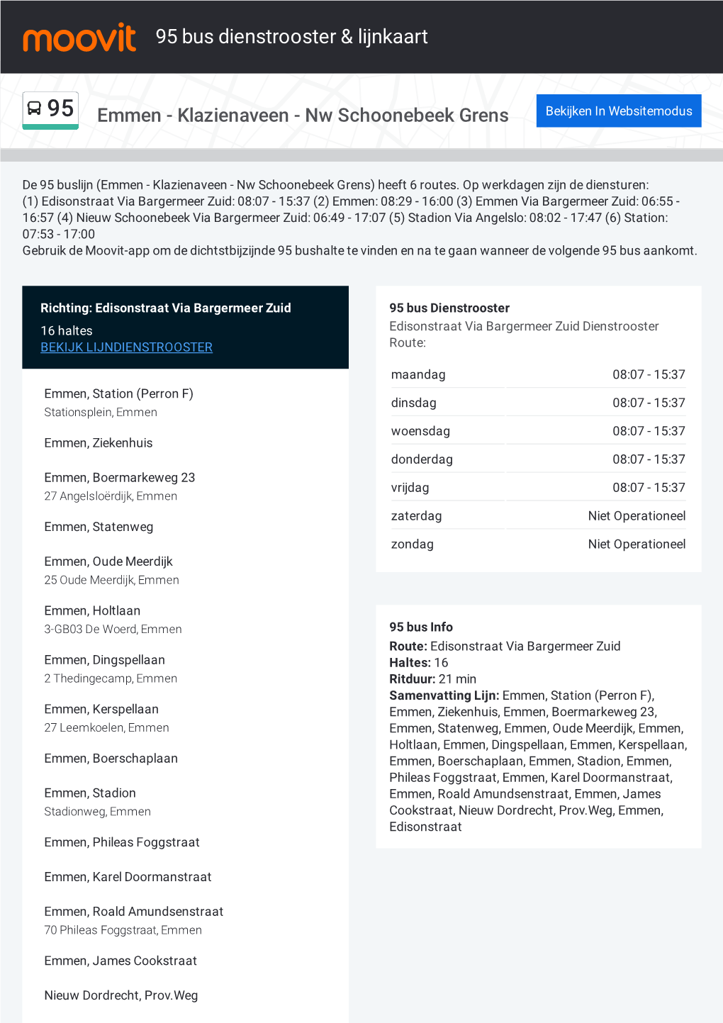 95 Bus Dienstrooster & Lijnroutekaart