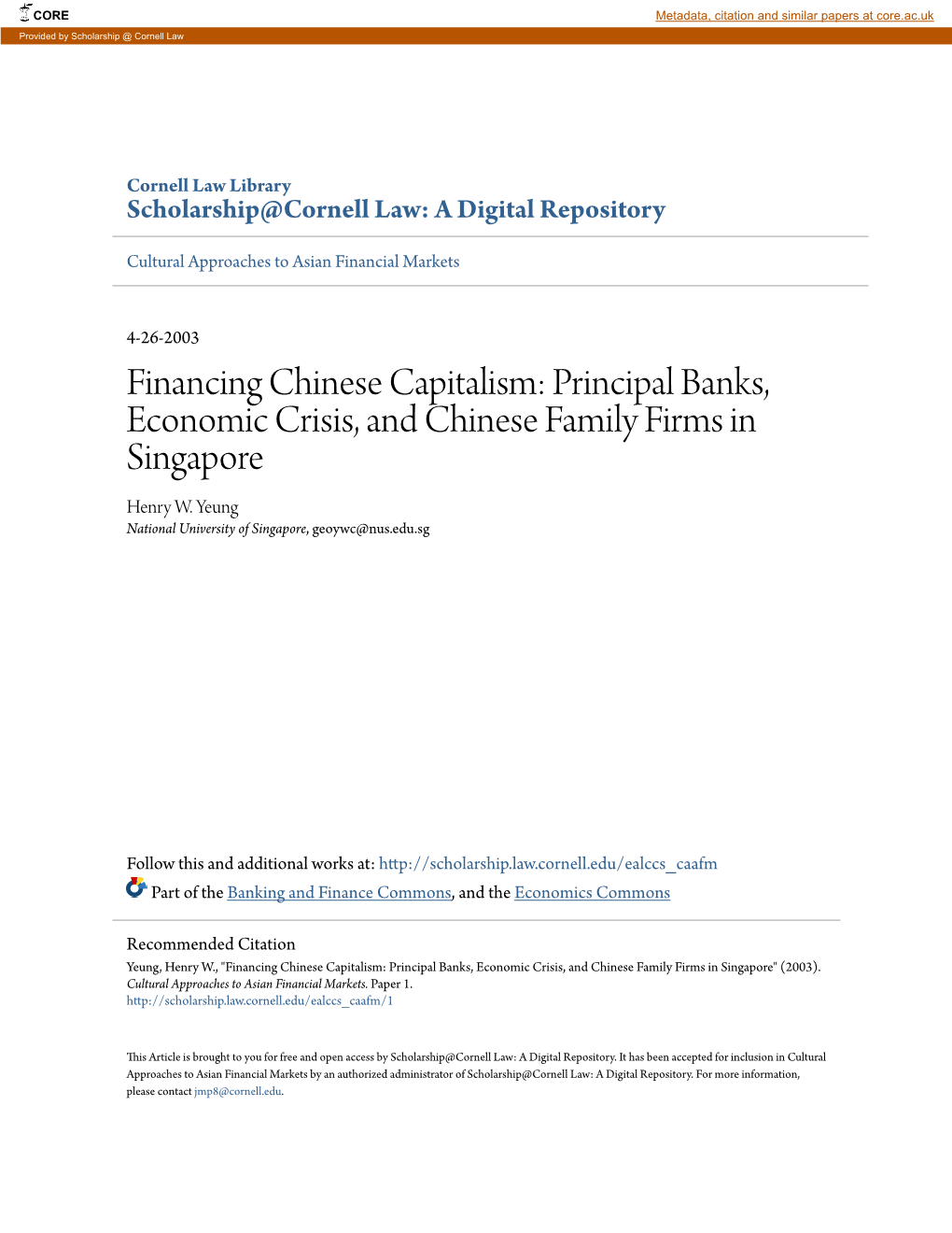 Banks, Economic Crisis, and Chinese Family Firms in Singapore Henry W