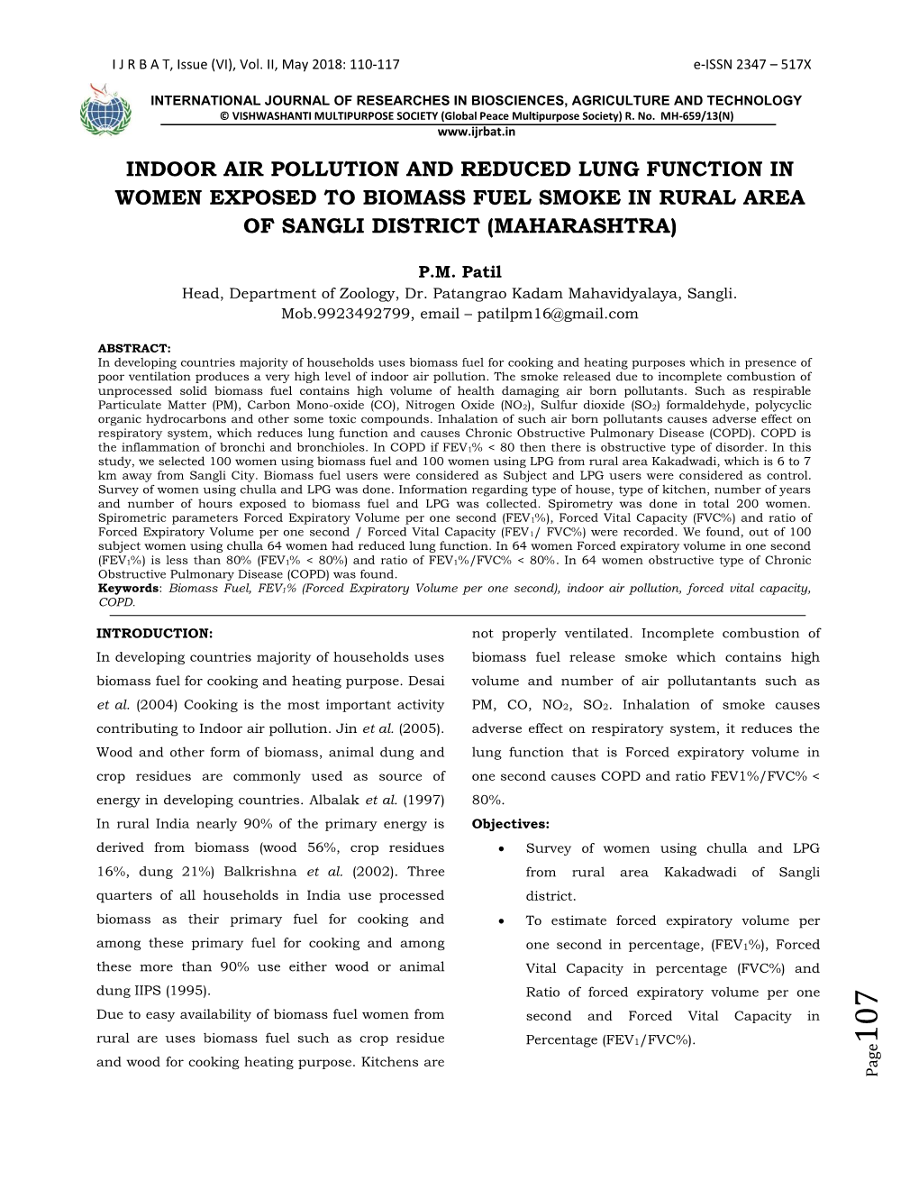 Indoor Air Pollution and Reduced Lung Function in Women Exposed to Biomass Fuel Smoke in Rural Area of Sangli District (Maharashtra)