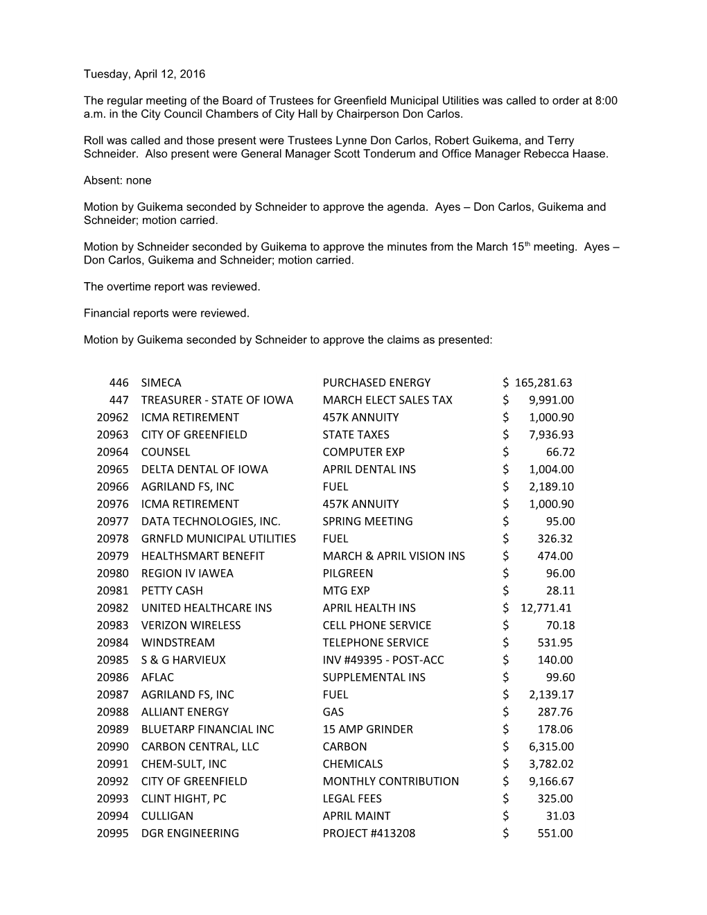 The Regular Meeting of the Board of Trustees for Greenfield Municipal Utilities Was Called