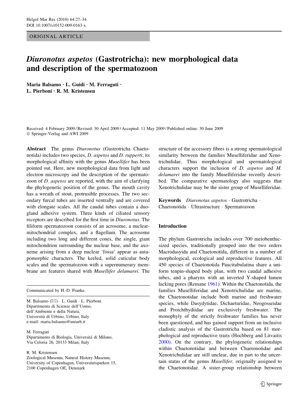 Diuronotus Aspetos (Gastrotricha): New Morphological Data and Description of the Spermatozoon