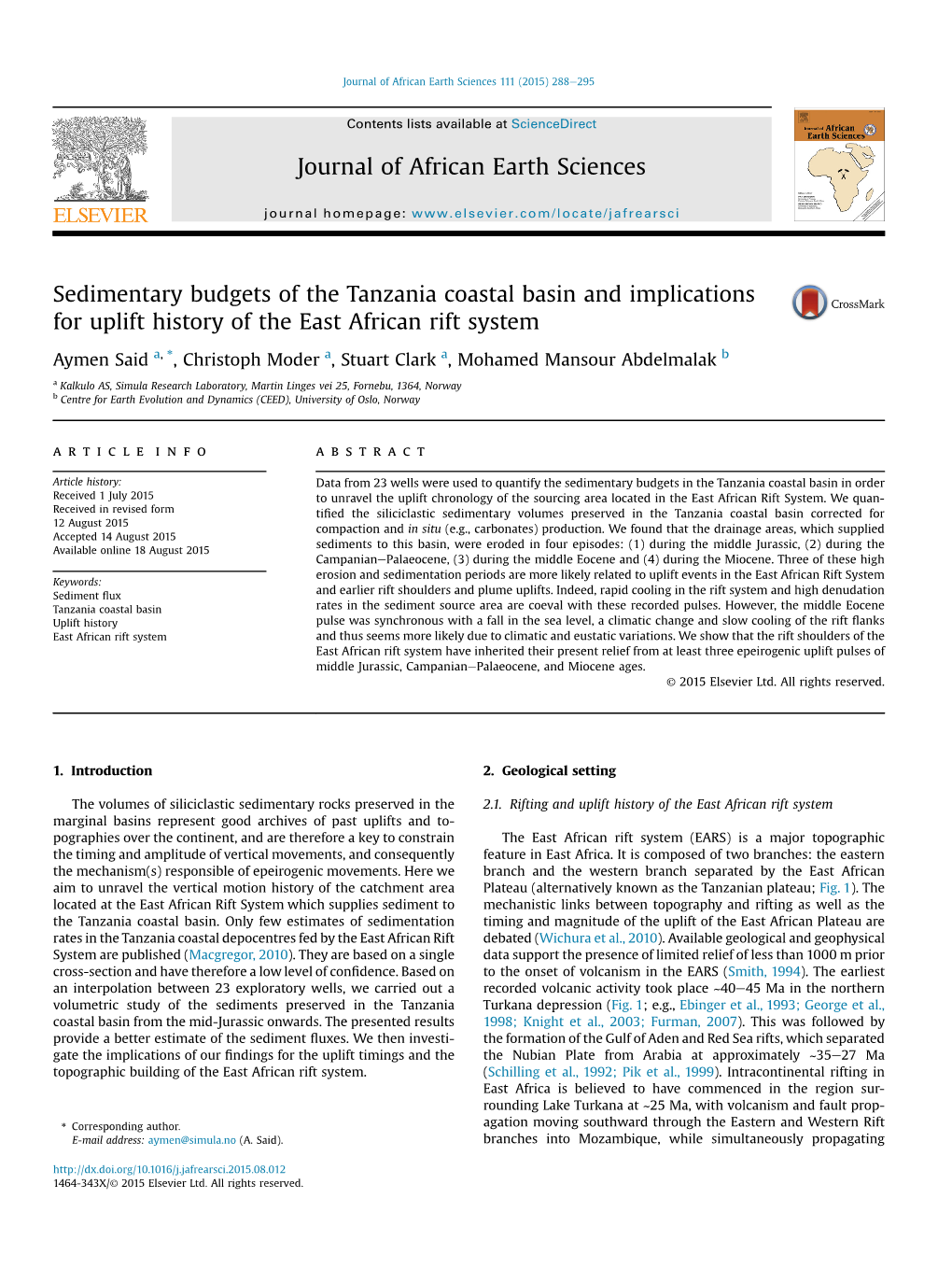 Sedimentary Budgets of the Tanzania Coastal Basin and Implications for Uplift History of the East African Rift System