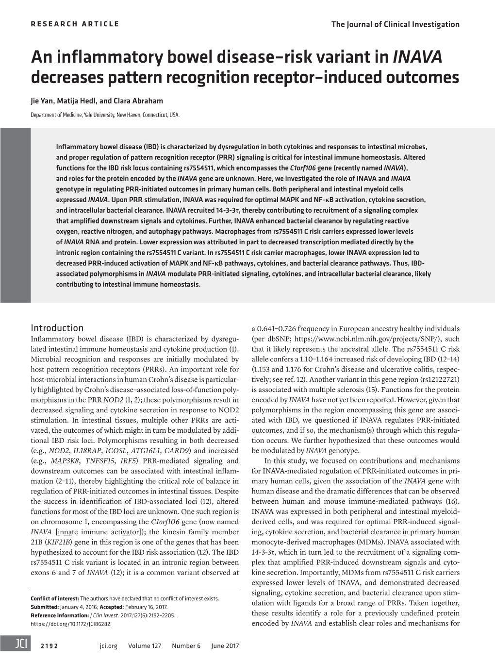 An Inflammatory Bowel Disease–Risk Variant in INAVA Decreases Pattern Recognition Receptor–Induced Outcomes