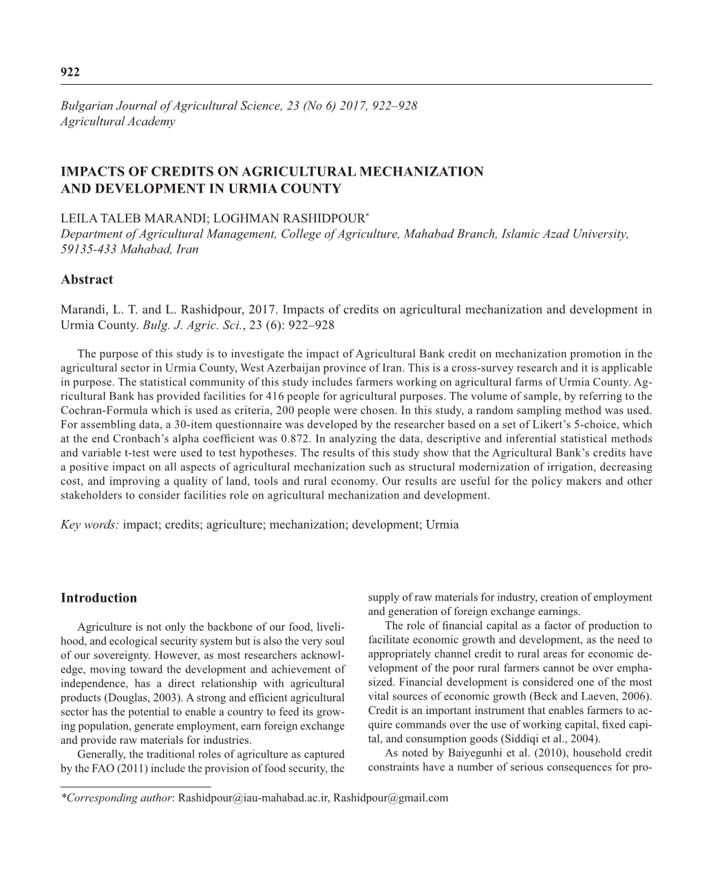 IMPACTS of CREDITS on AGRICULTURAL MECHANIZATION and DEVELOPMENT in URMIA COUNTY Abstract Introduction