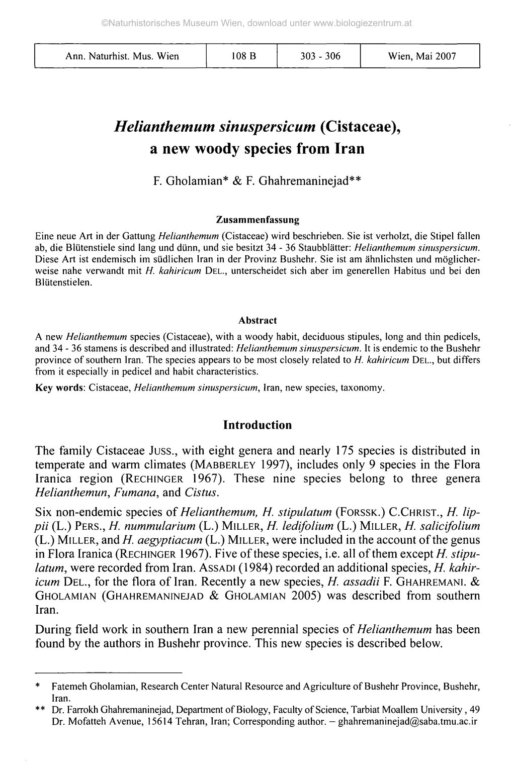 Helianthemum Sinuspersicum (Cistaceae), a New Woody Species from Iran