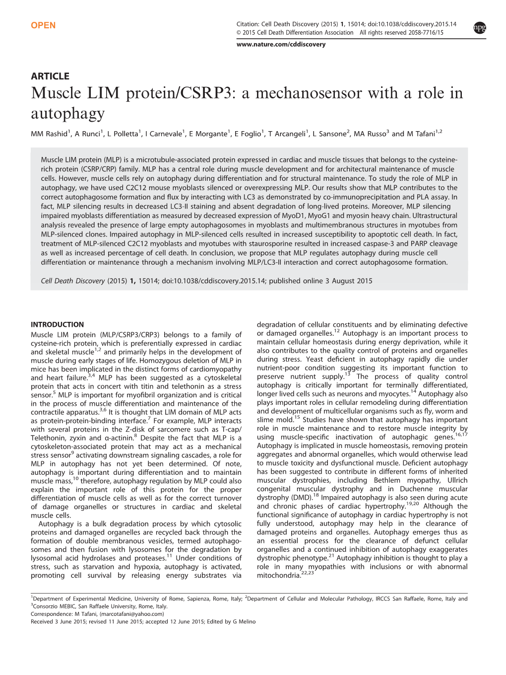 Muscle LIM Protein/CSRP3: a Mechanosensor with a Role in Autophagy