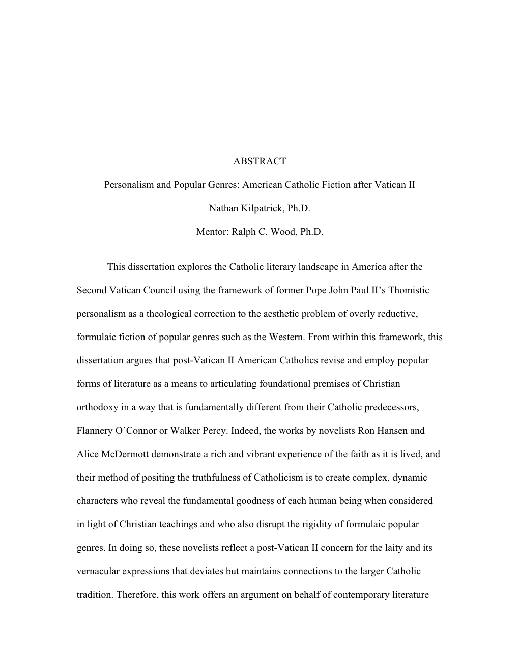 American Catholic Fiction After Vatican II Nathan Kilpatrick, Ph.D