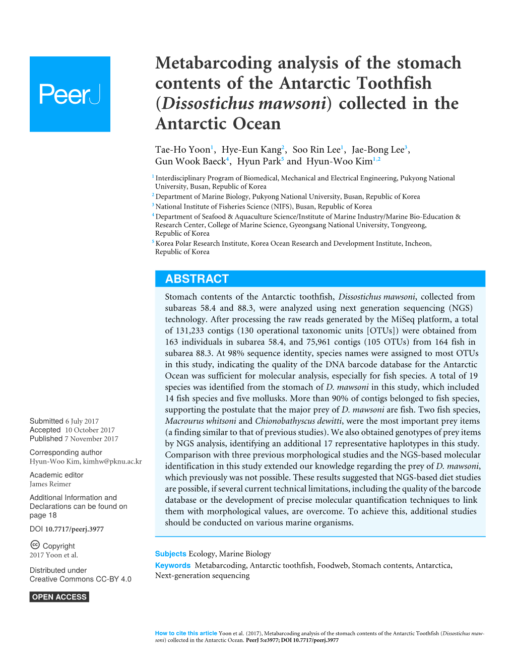 Metabarcoding Analysis of the Stomach Contents of the Antarctic Toothfish (Dissostichus Mawsoni) Collected in the Antarctic Ocean