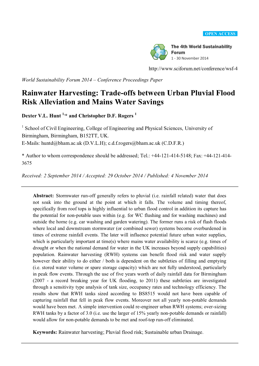 Rainwater Harvesting: Trade-Offs Between Urban Pluvial Flood Risk Alleviation and Mains Water Savings