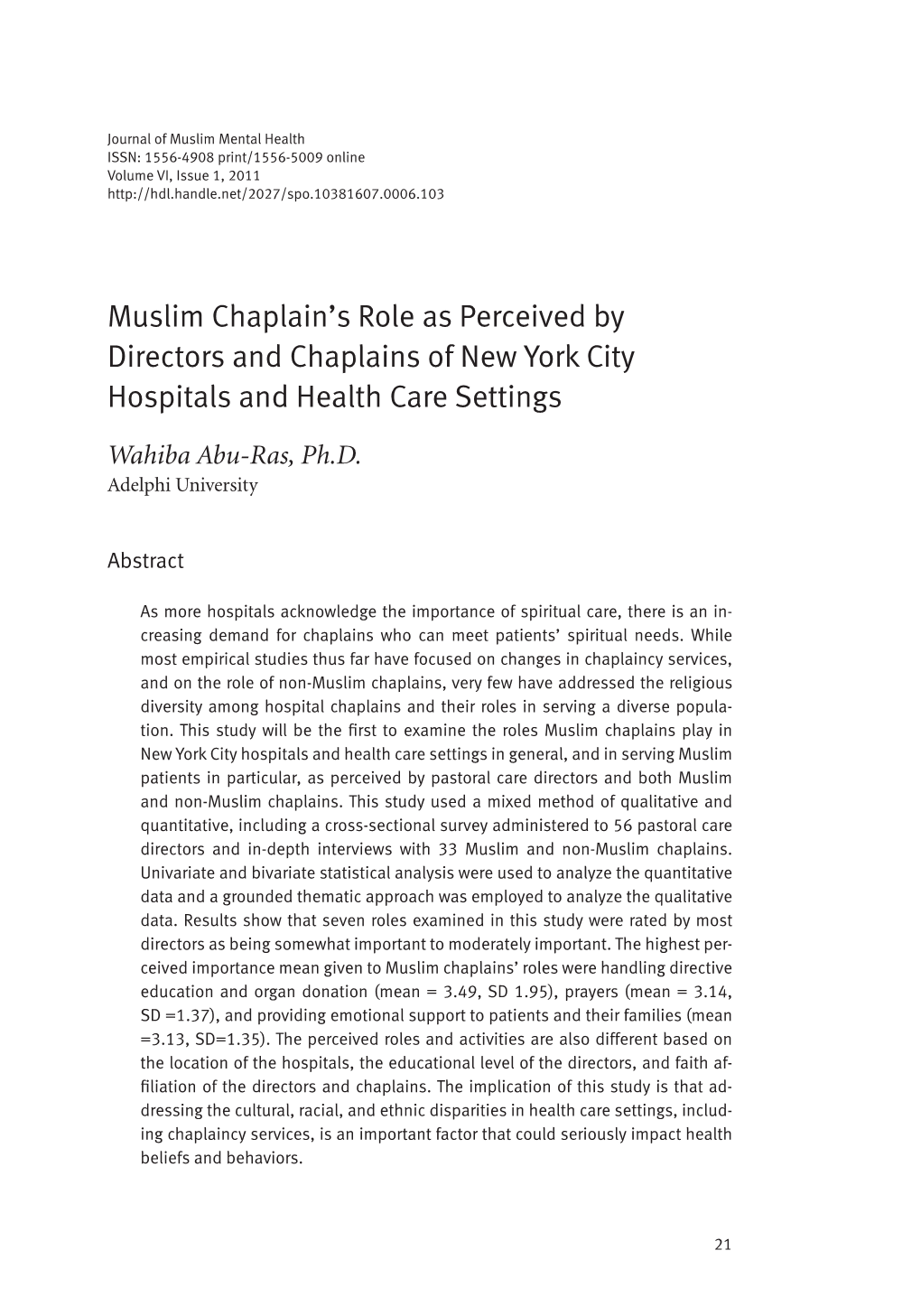 Muslim Chaplain's Role As Perceived by Directors