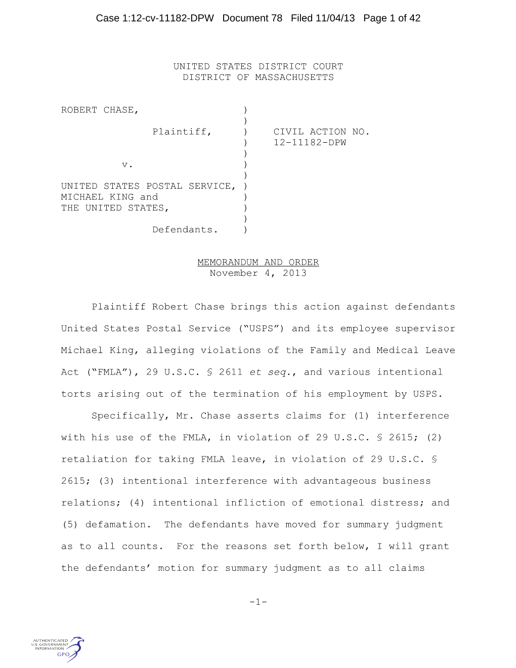 Case 1:12-Cv-11182-DPW Document 78 Filed 11/04/13 Page 1 of 42