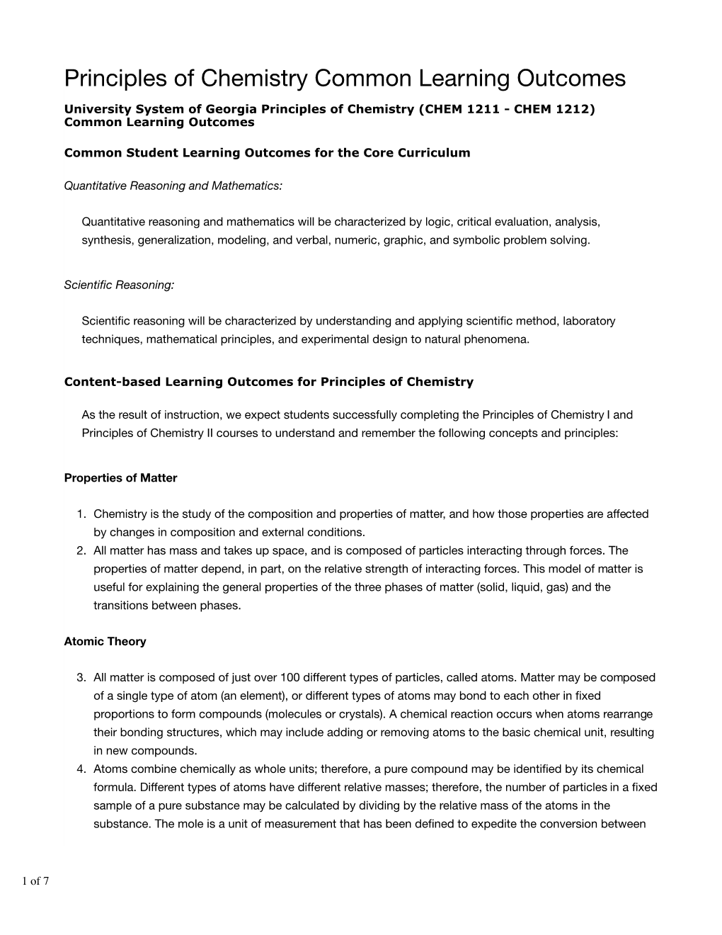 Principles of Chemistry Common Learning Outcomes