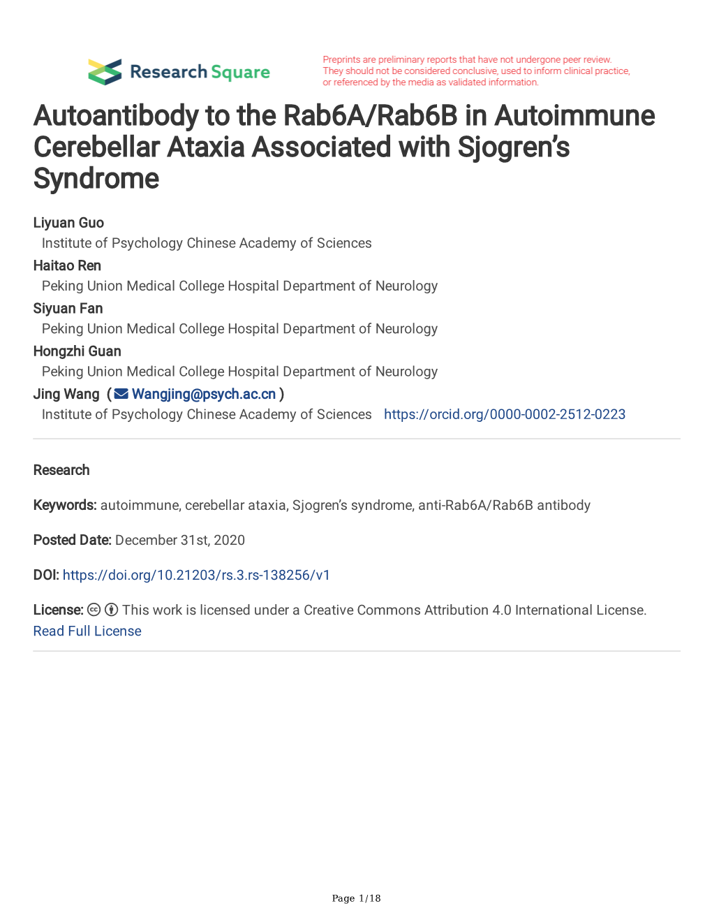 Autoantibody to the Rab6a/Rab6b in Autoimmune Cerebellar Ataxia Associated with Sjogren’S Syndrome