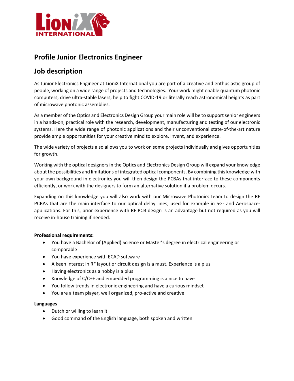 Profile Junior Electronics Engineer Job Description