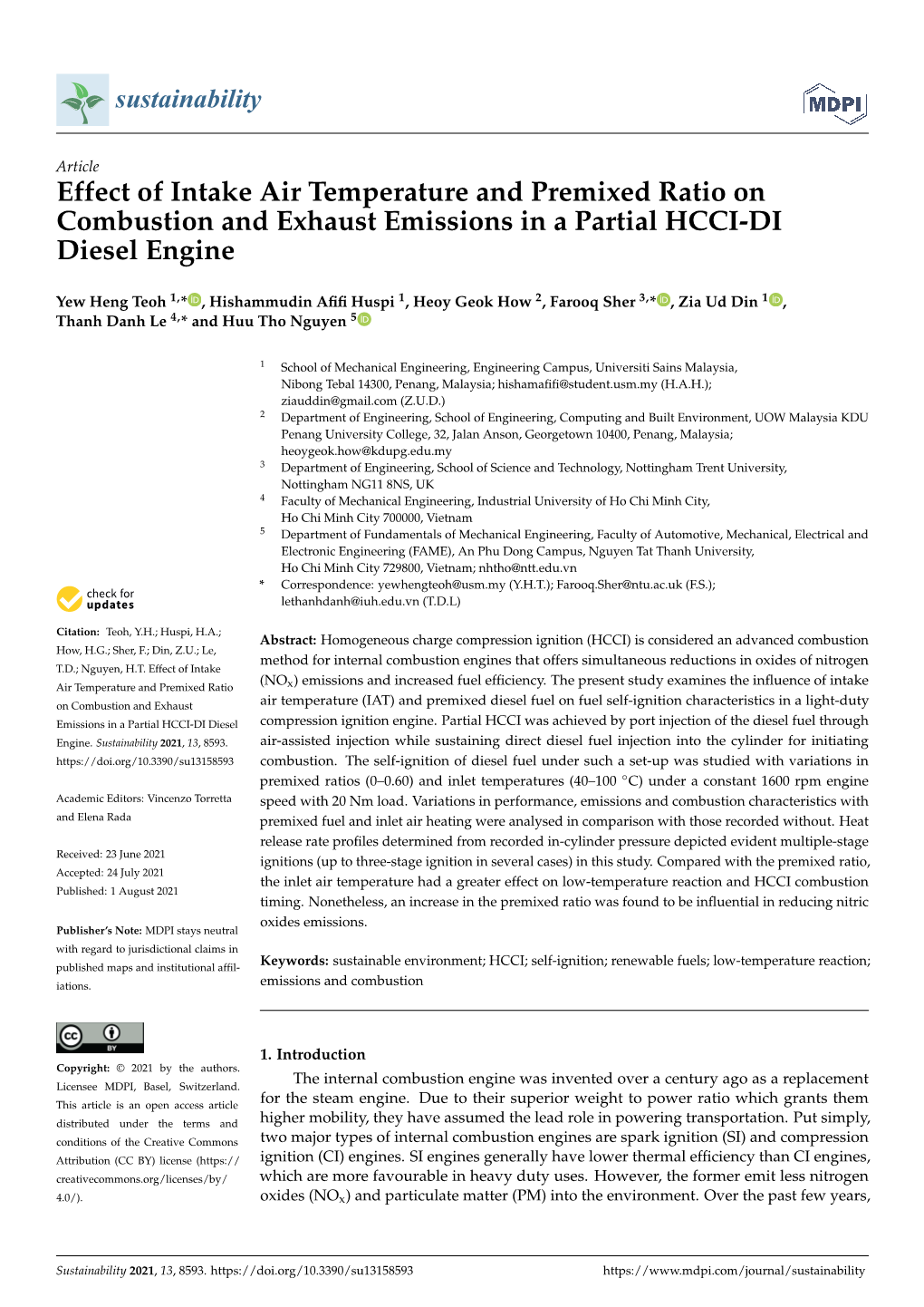 Effect of Intake Air Temperature and Premixed Ratio on Combustion and Exhaust Emissions in a Partial HCCI-DI Diesel Engine