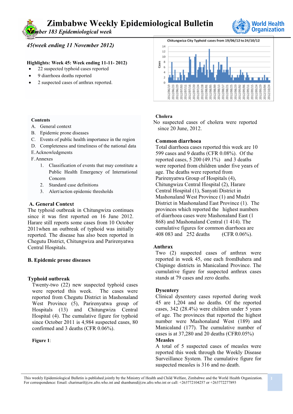 Zimbabwe Weekly Epidemiological Bulletin Number 183 Epidemiological Week